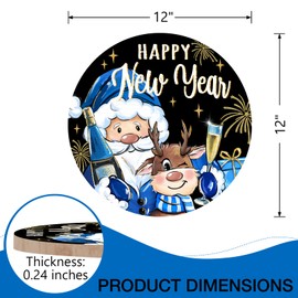 Deroro Happy New Year 2024 Back Golden Front Door Sign, Blue Santa Claus Elk Wood Door Hanger Outdoor Outside Porch Decor, Firework Christmas Holiday Party Wooden Wreath Indoor Wall Hanging Decoration