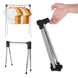 Hengrongshen Portable Clothes Rack, Foldable, Extendable Clothes Rail, Retractable, Travel Clothes Rack, Stable, Small Lightweight, Clothes Airer for Camping, Laundry at Home, Black