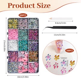 Esoes Nail Charms with Pick Up Tool, Pack of 600 Floral Nail Art Charms, 3D Hawaiian Flower Nails, Colourful Flower, Nail Diamonds