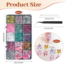 Esoes Nail Charms with Pick Up Tool, Pack of 600 Floral Nail Art Charms, 3D Hawaiian Flower Nails, Colourful Flower, Nail Diamonds