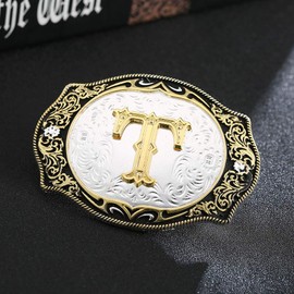 HUABOLA CALYN 2 Pieces Belt Buckle Bolo tie Set Golden Initial Letter ABCDMJR to Y Western Cowboy Costume Accessory for Men Women (T)