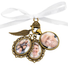 Lusofie Bouquet Charms for Wedding Memory Lacy Oval Wedding Bouquet Photo Charms Angel Wing Memorial Bouquet Charms for Bridal Shower Bachelor Party Wedding
