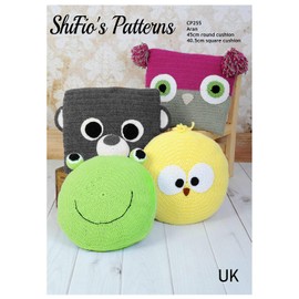 Crochet Pattern for Animal Cushions, Square Owl and Square Bear Cushion, Round Frog and Round Chick Cushion, Aran Yarn, UK Crochet Terminology, CP255