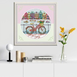 WOWDECOR Cross Stitch Embroidery Kit for Adults Kids Bike Sea City Landscape 11ct Embossed DIY DMC Needlework for Beginners