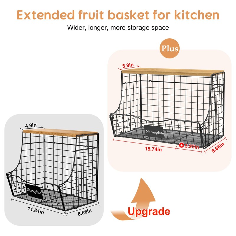 Extra Large Fruit Basket for Kitchen with Wood Lid Nameplate