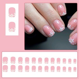 24 Pcs Blush Pink Press On Nails Short Square,YEFIUO Spring Flowers Fake Nails Press ons Nail Art Tips Acrylic Nail Kit Glue on Nails Full Cover False Nails with Gold Foil Glitter Design for Women
