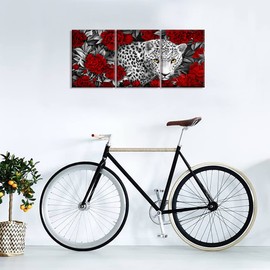 Kalormore 3 Pieces Wildlife Animal Canvas Wall Art Black and White Burgundy Red Leopard with Yellow Eyes in Blossom Poeny Flowers Painting Picture Framed and Stretched Artwork for Modern Living Room