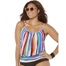 Swimsuits For All Women's Plus Size Lightweight Scoop Neck Blouson Tankini Top - 16, Multi Stripe