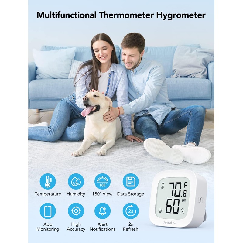 GoveeLife WiFi Thermometer Hygrometer for Bedroom, Indoor Bluetooth Temperature Humidity