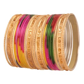 Touchstone Indian Bollywood "Colorful 2 Dozen Bangle Collection" Golden Glitters Textured Multicolor Color Large Size Designer Jewelry Special Bangle Bracelets Set Of 24 In Gold Tone For Women.