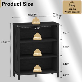 BON AUGURE Small Bookcase, 3 Tier Black Book Shelf, Farmhouse Wooden Bookshelf, Short Storage Book Cases for Small Space, Bedroom, Office, Living Room (Black Oak)