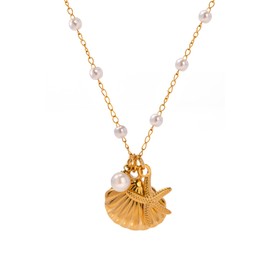 Charm Necklace for Women Pearl Starfish Seashell 14k Gold Summer Beach Surfer Jewelry Necklace Gifts (Seashell)