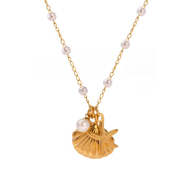 Charm Necklace for Women Pearl Starfish Seashell 14k Gold Summer