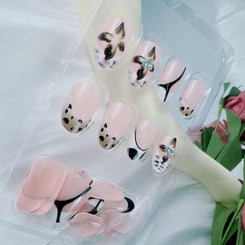 24Pcs Leopard French Tip Press on Nails Short Almond Fake Nails Leopard Print Handmade 3D French Art Press On Nails for Women - Cute False Nails Stick on Nails Manicure Decorations Daily Wear