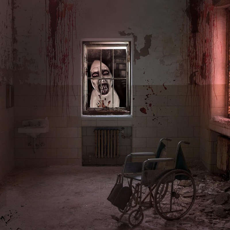 2 Pcs Scary Halloween Window Decorations-Creepy Female Ghost Window Curtain
