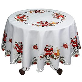 Creative Linens Holiday Christmas Tablecloth 68” Round with 8 Napkins Embroidered Santa Reindeer Red Poinsettia Winter Table Linen White