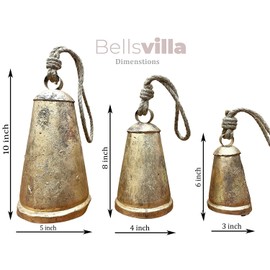 Bellsvilla Set of 3 Cone Shape Cow Bells Vintage Handmade Rustic Giant Harmony Bells on Rope Garland/Noah/Witch/Wreath/Christmas/Decor/Hangings