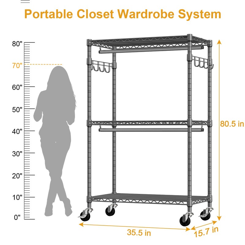 ULIFHOME P1 Rolling Clothing Rack with Lockable Wheels, Heavy-Duty Garment