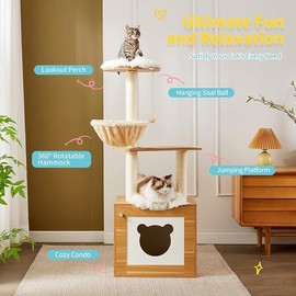 Made4Pets Cat Tree with Litter Box Enclosure, 2-in-1 Modern Cat Tower, 48.6" Wood Kitten Condo with Scratching Post and Hammock, Removable Scratch Pad cat house cat  tree