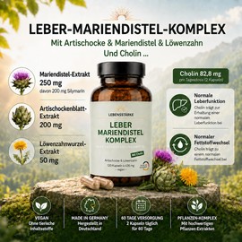 Liver Milk Thistle Complex High Dose 4-Way Complex Artichoke, Dandelion, Milk Thistle (80% Silymarin), Choline for Liver Function. Vegan. 120 Capsules. 60 Days. From Germany. For Men and Women