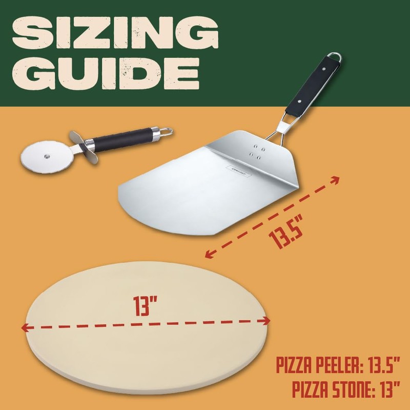 Concord 3 Piece Pizza Stone, Pizza Peel, Pizza Cutter, with
