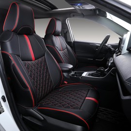 OURPLOT Custom Fit RAV4 Seat Covers for Toyota RAV4 Hybrid LE,XLE 2019-2025 Full Coverage Waterproof Breathable Leather Car Seat Covers Full Set (Black with Red Trim)