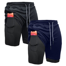 OEBLD - Pantalones cortos deportivos para hombre, 2 en 1, gimnasio, entrenamiento, correr, 7 pulgadas, con lazo para toalla, Black2+navy, XX-Large