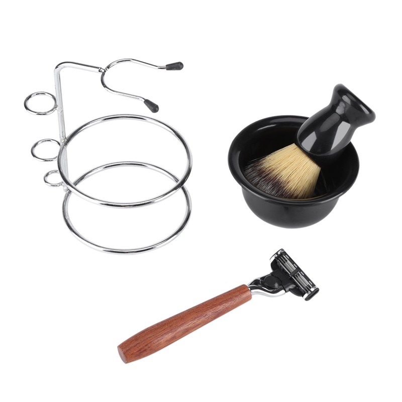 4Pcs Shaving Kit Manual Razor Stainess Steel Stand Holder Brush