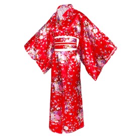 CRFASIBE Women's Long Kimono Robe, Japanese Sakura Print Kimono Dressing Gowns, Japanese Cosplay Dress Costume Set with Accessories, Pack of 5, red, Unit size