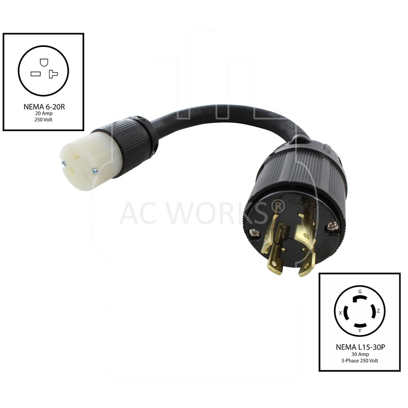 L15-30P 3-Phase 30A 250V 4-Prong Plug to 6-15/20R 250V 15/20A