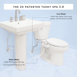 TUSHY Spa Royale Warm Water Bidet Seat Attachment. Self Cleaning Water Sprayer, Adjustable Pressure Nozzle, Angle Control. (Requires Sink Access for Water Temperature Control), Gold Knobs