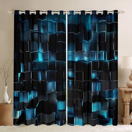 Homewish Black And Blue Curtains 46" Wx54 L Modern Geometric Boys Blackout Curtains for Bedroom, Gradient Neon Cubes Black Curtains & Drapes, Square Grid Curtain Geometry Lattice Wall Brick Decor