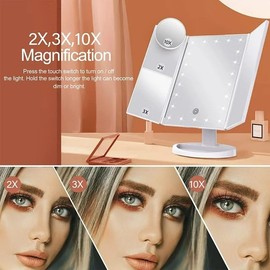 Roying Makeup Mirror Vanity Mirror with Lights, 2X 3X 10X Magnification, Trifold Lighted Makeup Mirror, Touch Control, Dual Power Supply, Portable LED Vanity Mirror for Women Gift - White
