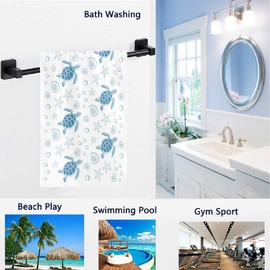 Naanle Cute Ocean Sea Turtles Starfish Shells Print Highly Absorbent Soft Large Decorative Guest Hand Towel for Bathroom, Hotel, Gym and Spa (16 x 30 Inches,Blue White)