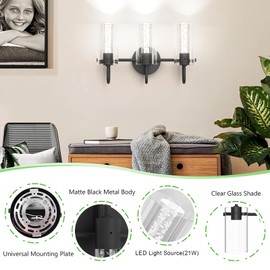 Aipsun Bathroom Light fixtures, Black Vanity Lights with Bubble Crystal Glass,3 Lights LED Modern Vanity Lighting fixtures Bathroom Wall Light Fixtures Over Mirror(White Light 6000K)