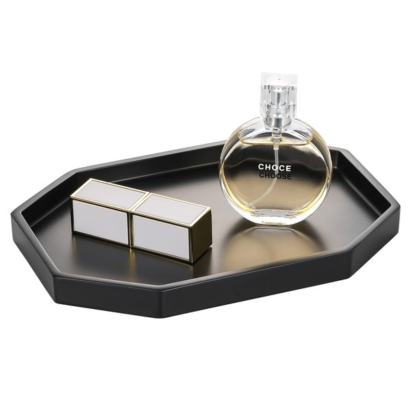 Emibele Vanity Tray, Resin Bathroom Tray Jewelry Ring Dish Small Octagon Perfume Tray for Dresser Countertop Candle Tray Decorative Tray Toilet Tank Kitchen Sink Tray Marble Home Decor, Matte Black