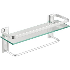 Glass Shelf with Towel Bar 15.7in-VOLPONE Silver Wall Shelving with Towel Rack Rustproof Glass Floating Shelf (1 Pack )