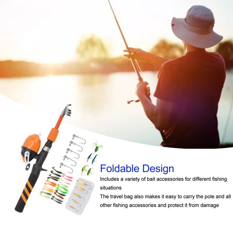 1.5m Kids Fishing Pole Orange Mini Portable Retractable Foldable Beginner