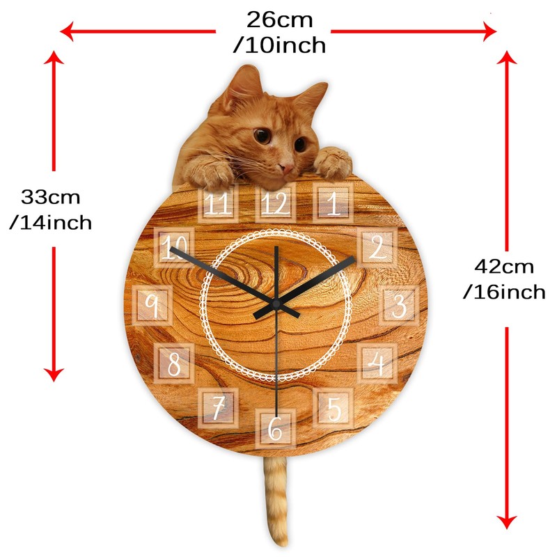 Timethink Cat Clock with Moving Tail, Orange, Analog, Unisex, 12"