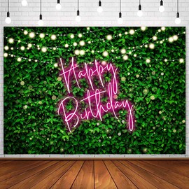 Sensfun Green Leaves Happy Birthday Backdrop Pink Neon Birthday Greenery Photography Background Adults 30th 40th 50th Birthday Party Decorations Banner Photo Studio Props 7x5ft