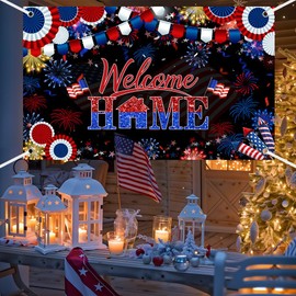 MEHOFOND 4th of July Welcome Home Banner Patriotic Military Army Welcome Back Photo Backdrop Independence Day Theme Deployment Returning Back Photo Booth Props 5.9x3.6ft