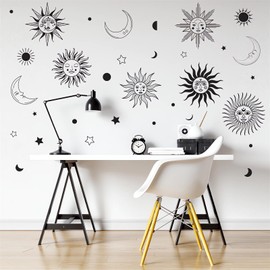 Gothic Sun Moon Star Wall Stickers, sacinora Human Face Crescent Wall Decals Removable Vinyl Peel and Stick for Living Room Bedroom Boho Ethnic Home Decorations