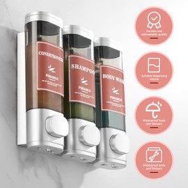 Shampoo and Conditioner Dispenser Wall Mounted Shower Soap Dispenser No Drill Shampoo Dispenser for Shower 3 Chamber Bathroom Body Wash Shower Gel Holder Sliver