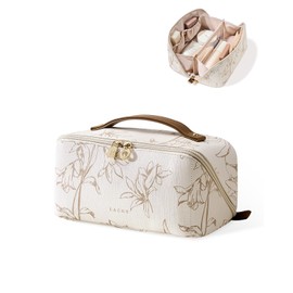 EACHY EACHY Travel Makeup Bag, Large Capacity Cosmetic Bags for Women, Waterproof Portable Pouch Open Flat Toiletry Bag Pattern Make up Bag (F-Beige)