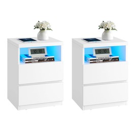 VASAGLE Set of 2 Nightstands with Adjustable LED Lights, Bedside Tables with Drawers, Side Tables, for Bedroom, Modern Minimalist Style, White ULET934T14