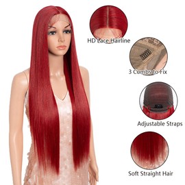 Style Icon 32-Inch Long Straight Wig Mid-Part Lace Front Silky Smooth Synthetic Red Wig