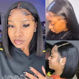 Qangelabeauty Short Bob Wig Human Hair 13x4 Frontal Bob Wigs Human Hair Pre Plucked wigs for Black Women Bob Lace Front Wigs 10 Inch 180% Density with Baby Hair Natural Color