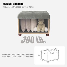 DECO DE VILLE 24'' Ottoman with Storage, Upholstered Storage Ottoman Stool, Velvet Tufted Cube Footstools Small, Hinged Foot Rest Stool for Living Room, Bedroom, Light Grey