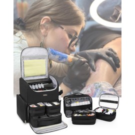 Relavel Tatoo Travel Case, Large Tattoo Bag Backpack with 3 Clear Bags for Tattoo Stencil Printer, Equipment and Supplies Travel Carring Case with Adjustable Dividers & Easy to Clean Lining, Black