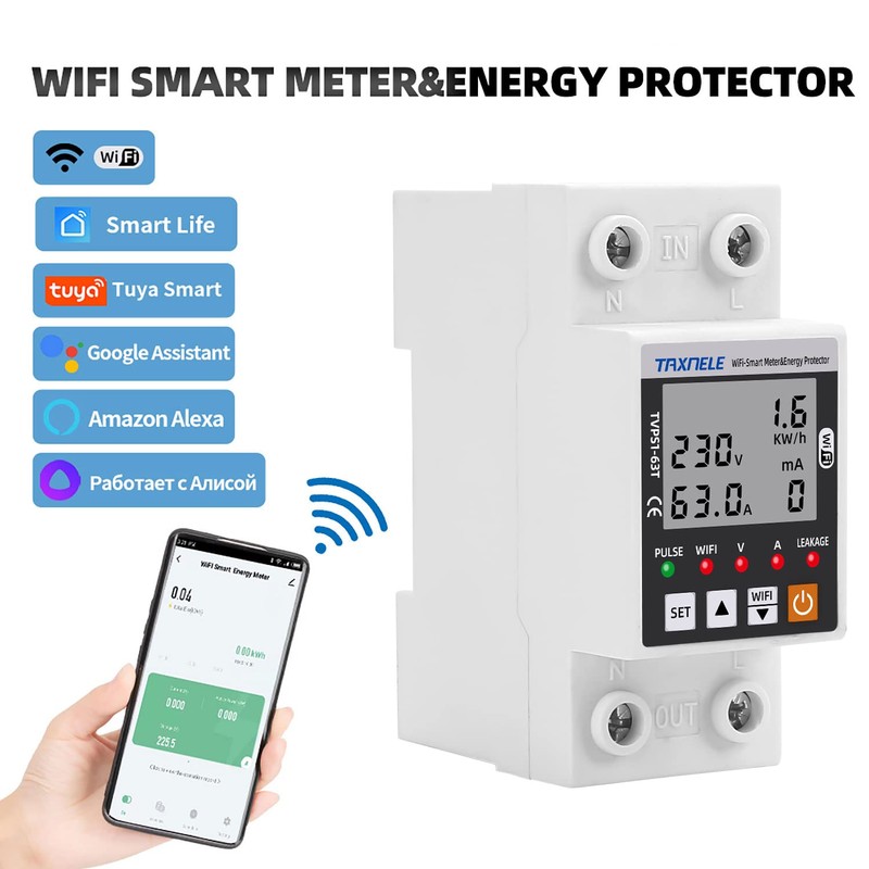 Intelligent Energy Meter Wi-Fi AC 63A 80-300V Protection Against Intelligent